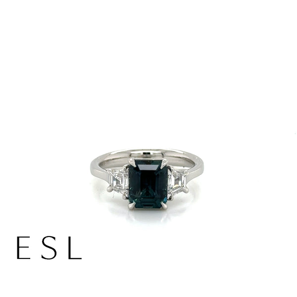Emerald Cut Sapphire & Diamond Ring in a Platinum Mount