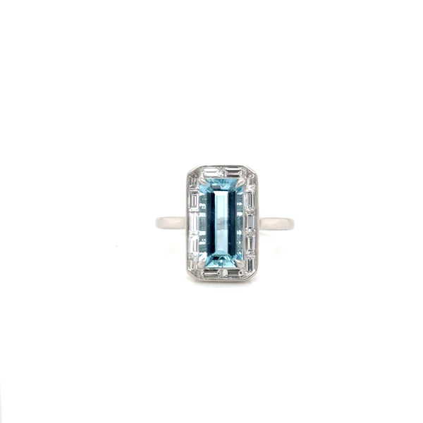 Platinum Baguette Aquamarine and Diamond ring