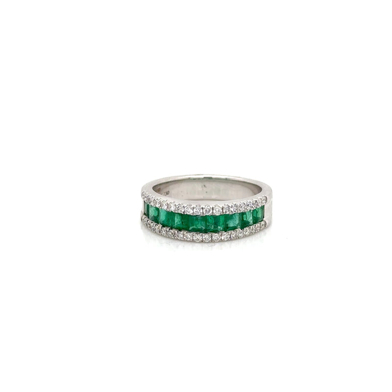 18ct White Gold Emerald and Diamond 3 Row Ring