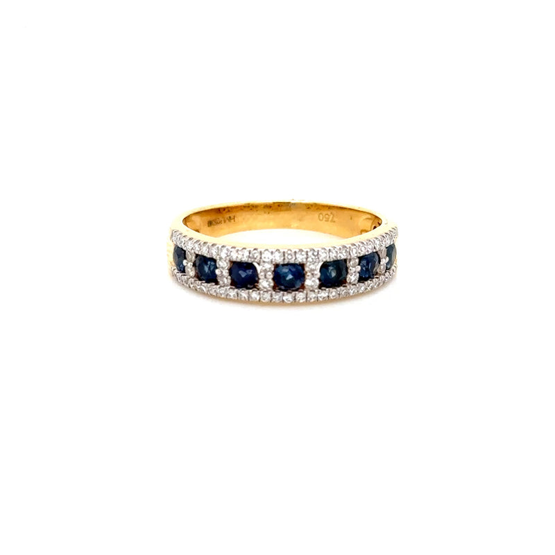 18ct Yellow Gold Sapphire Diamond 3 Row Ring