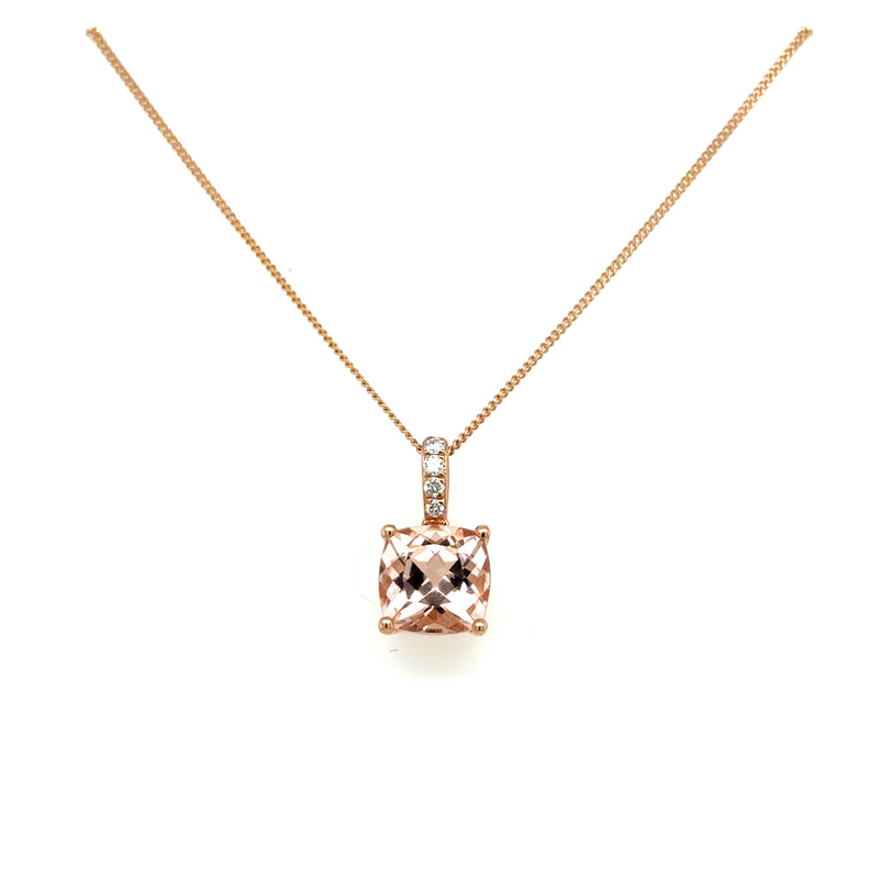 14ct Rose Gold Morganite Pendent on Diamond Bale with 18 inch Chain