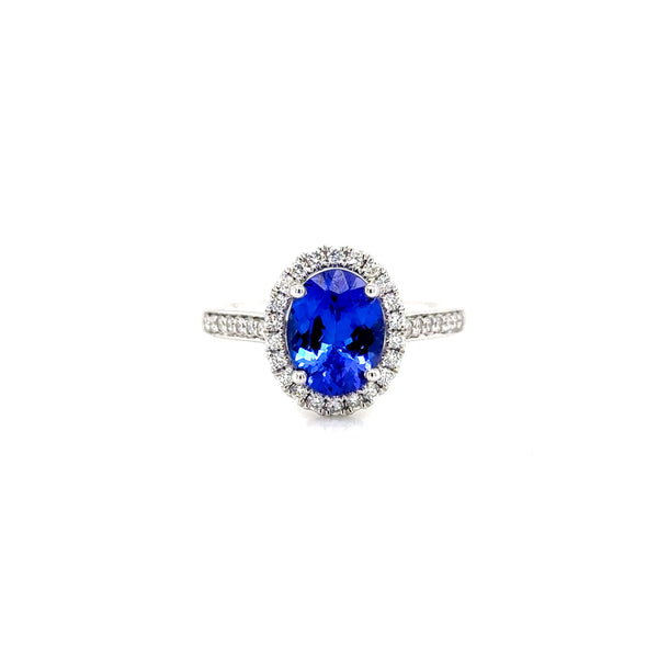 Platinum Tanzanite Ring with Diamond Halo