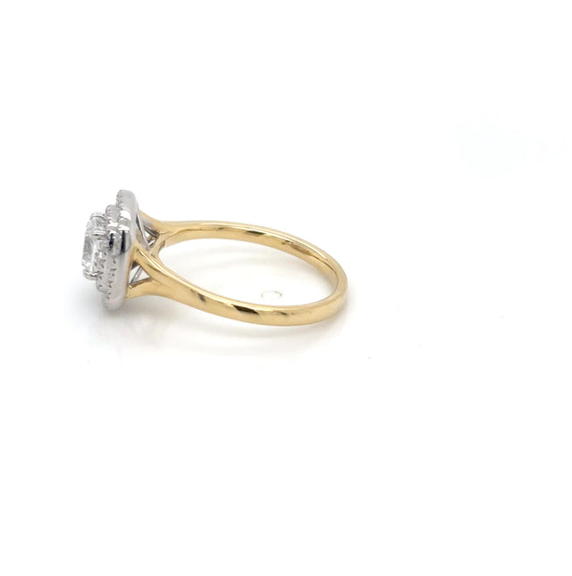 18ct Yellow Gold and Platinum Cushion Halo Diamond Ring 0.90ct