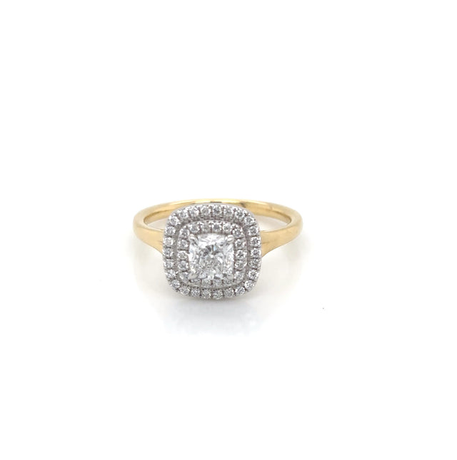 18ct Yellow Gold and Platinum Cushion Halo Diamond Ring 0.90ct