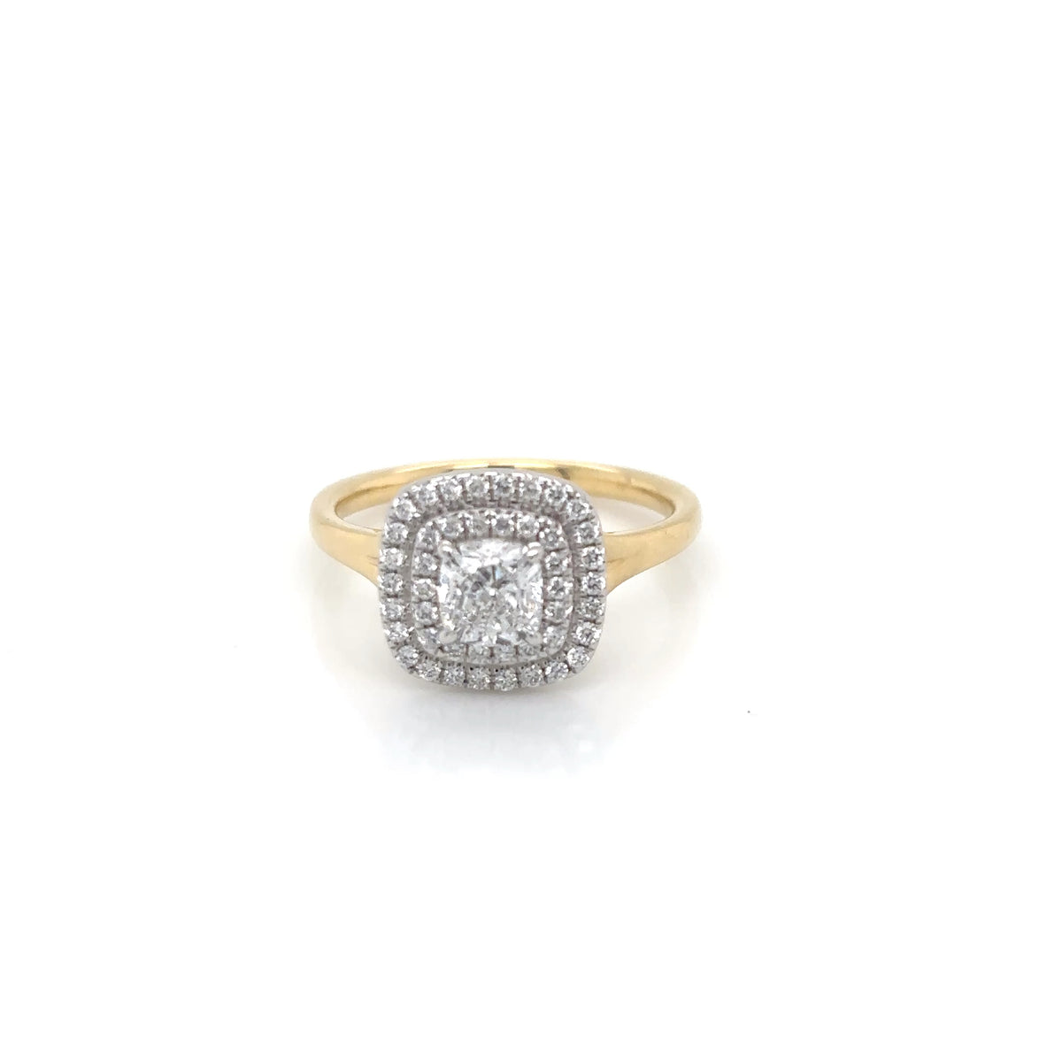 18ct Yellow Gold and Platinum Cushion Halo Diamond Ring 0.90ct