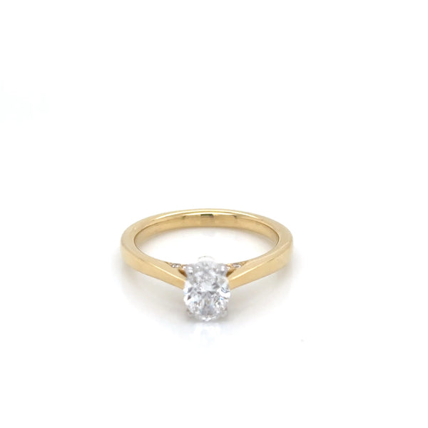 18ct Yellow Gold Oval Diamond Solitaire Ring with Diamond Bridge
