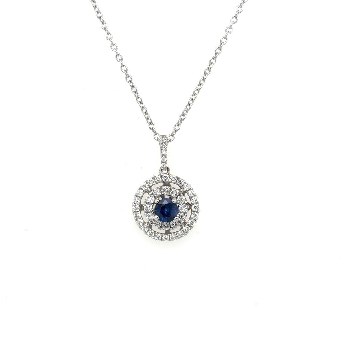 14ct White Gold Sapphire & Diamond Double Halo Pendant on 9ct White Gold Chain