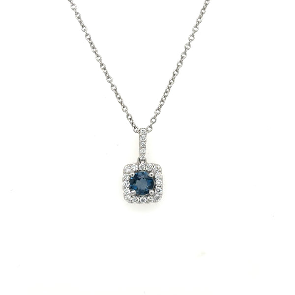 14ct White Gold Aquamarine & Diamond Halo Pendant on 9ct White Gold Chain