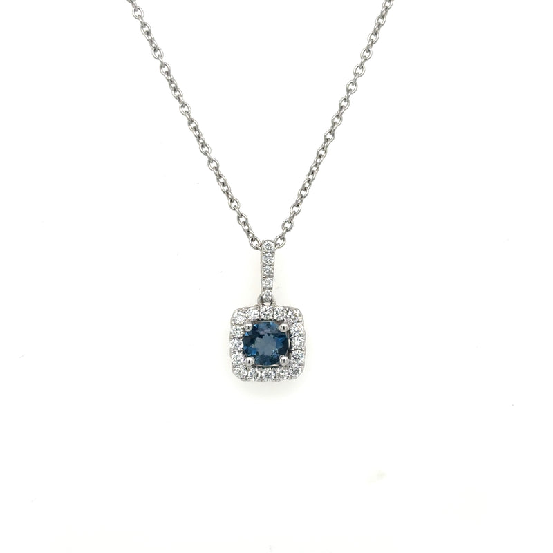 14ct White Gold Aquamarine & Diamond Halo Pendant on 9ct White Gold Chain