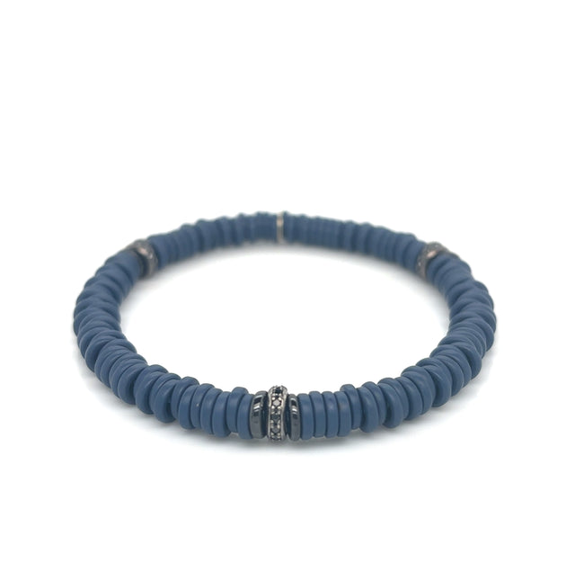 Blue Matt Ceramic Bracelet with Three Black Diamond Links set in 14ct Gold