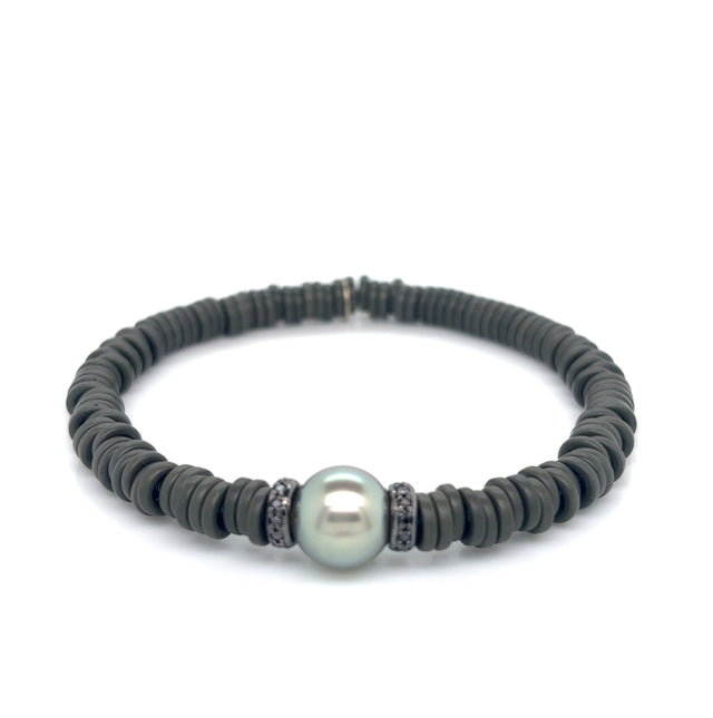 Green Matt Ceramic Bracelet with Tahitian Pearl and Black Diamonds set in 14ct Gold