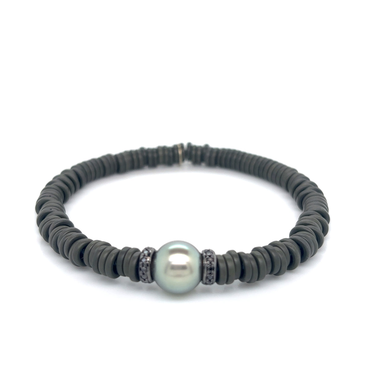 Green Matt Ceramic Bracelet with Tahitian Pearl and Black Diamonds set in 14ct Gold