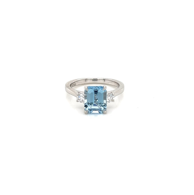 Platinum Emerald Cut Aquamarine & Diamond Ring