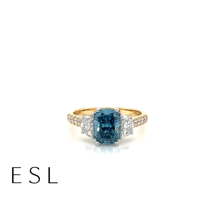 Lab Grown Blue diamond ring set in 18ct yellow gold
