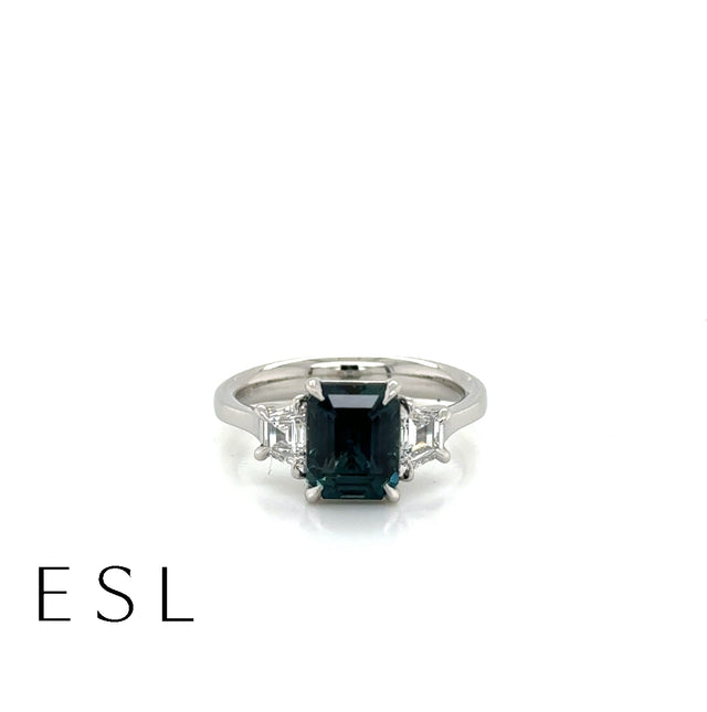ESL Handmade Platinum Emerald Cut Teal Sapphire & Diamond Ring