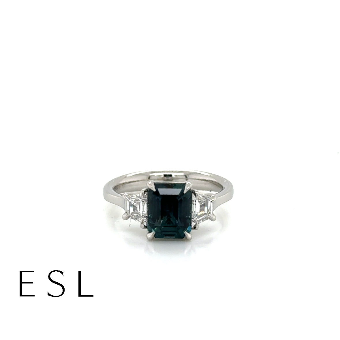 ESL Handmade Platinum Emerald Cut Teal Sapphire & Diamond Ring