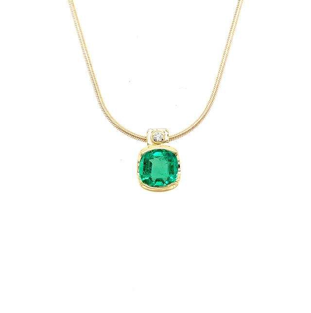 ESL Handmade Yellow Gold Emerald and Diamond Pendant and chain