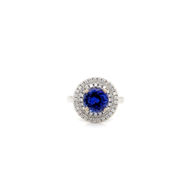 18ct White Gold Tanzanite and Diamond Double Halo Ring