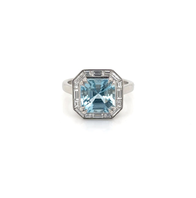 Platinum Octagonal Aquamarine and Baguette Diamond Cluster Ring
