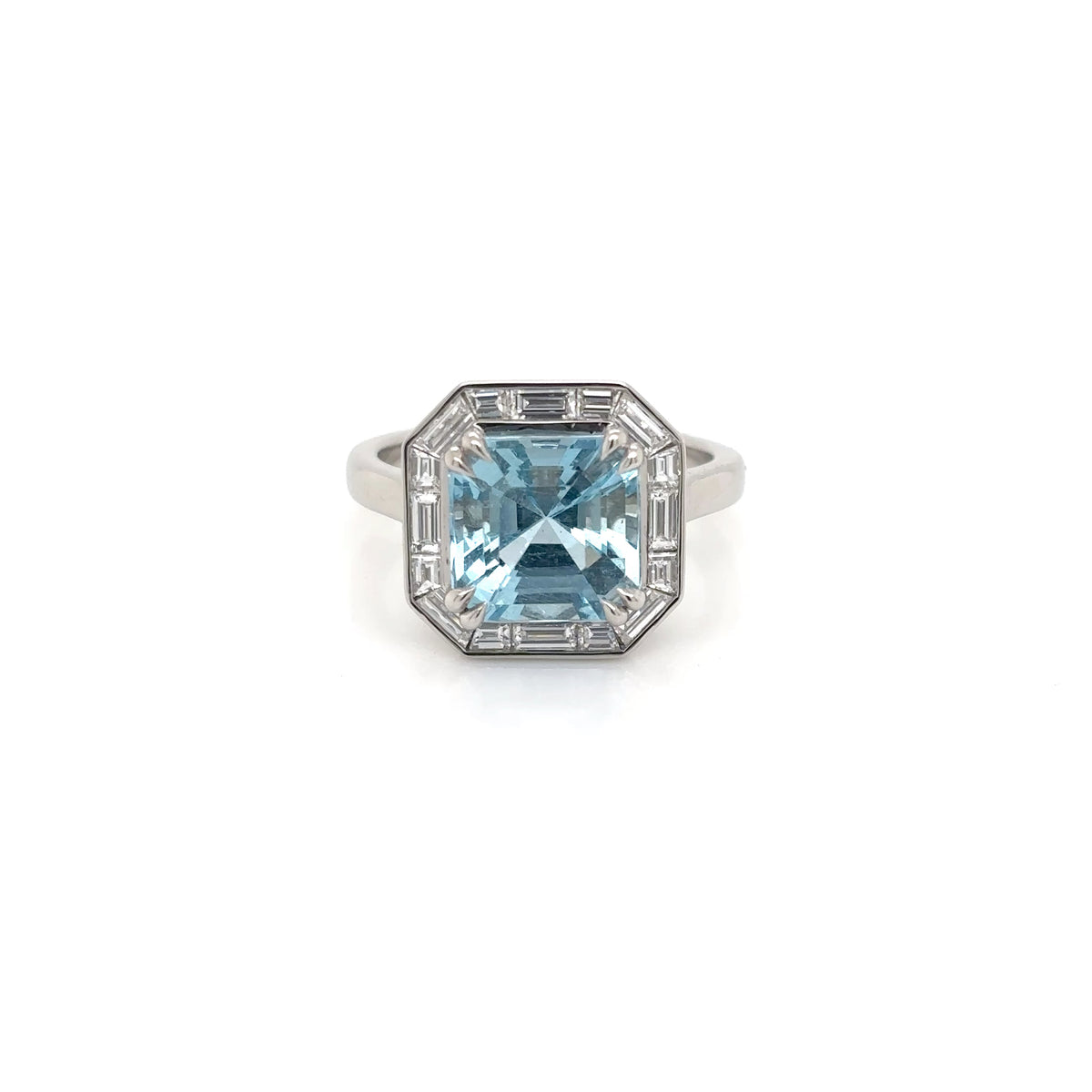 Platinum Octagonal Aquamarine and Baguette Diamond Cluster Ring