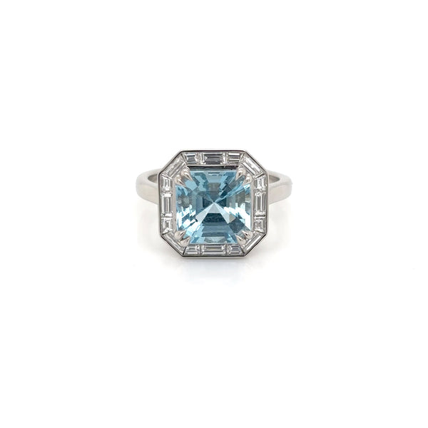 Platinum Octagonal Aquamarine and Baguette Diamond Cluster Ring