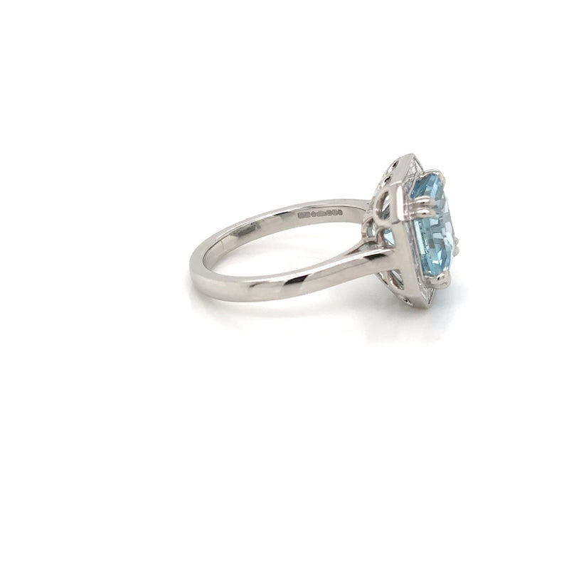 Platinum Octagonal Aquamarine and Baguette Diamond Cluster Ring