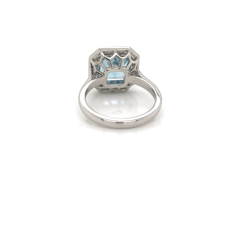 Platinum Octagonal Aquamarine and Baguette Diamond Cluster Ring