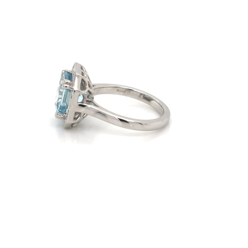 Platinum Octagonal Aquamarine and Baguette Diamond Cluster Ring