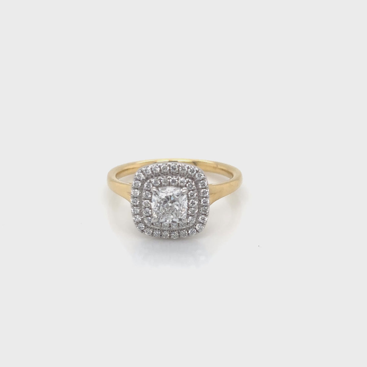 18ct Yellow Gold and Platinum Cushion Halo Diamond Ring 0.90ct