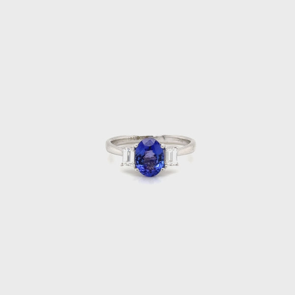 18ct White Gold Oval Tanzanite and Diamond 3 Stone Ring