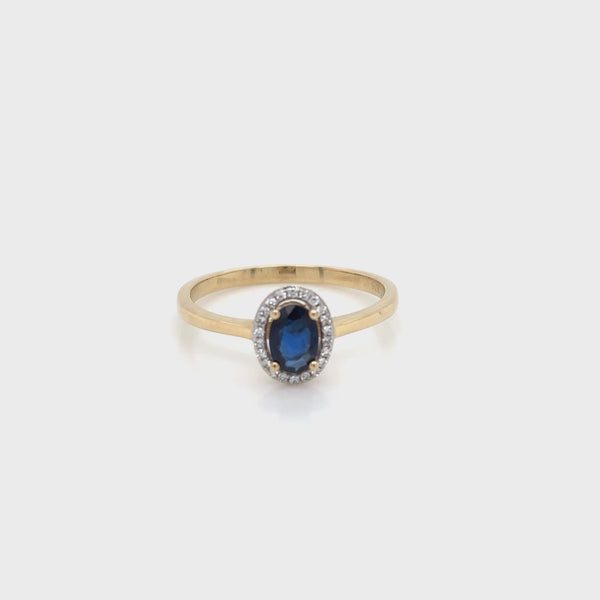 9ct Yellow Gold Sapphire and Diamond Halo Ring