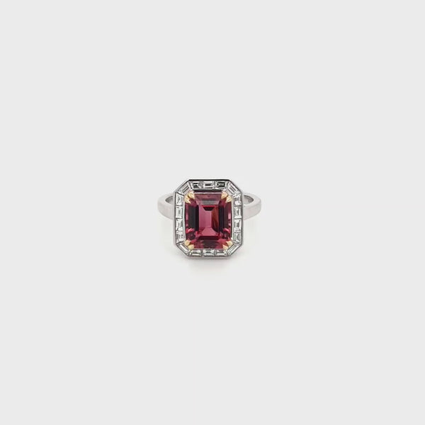 18ct White gold with pink tourmaline and baguette diamond ring