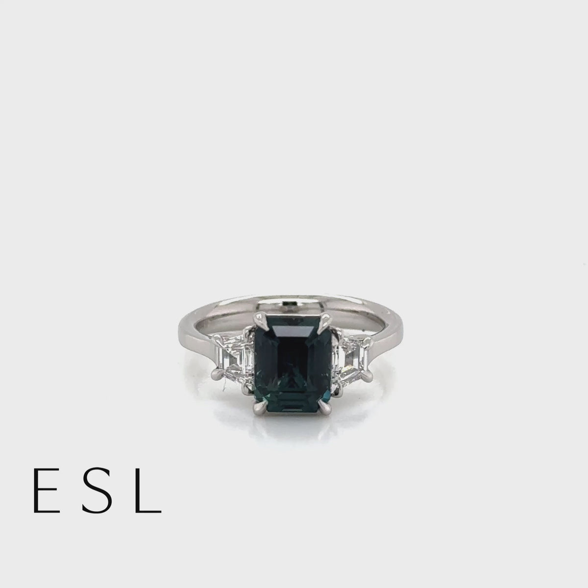 ESL Handmade Platinum Emerald Cut Teal Sapphire & Diamond Ring