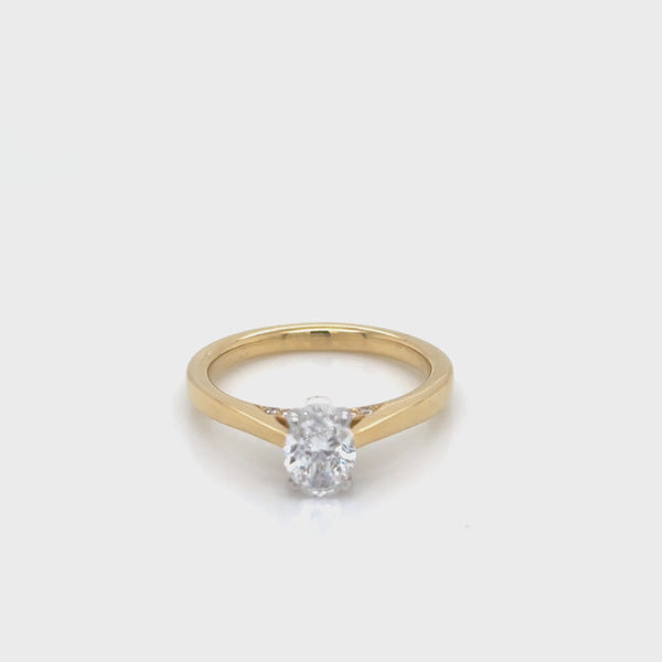 18ct Yellow Gold Oval Diamond Solitaire Ring with Diamond Bridge