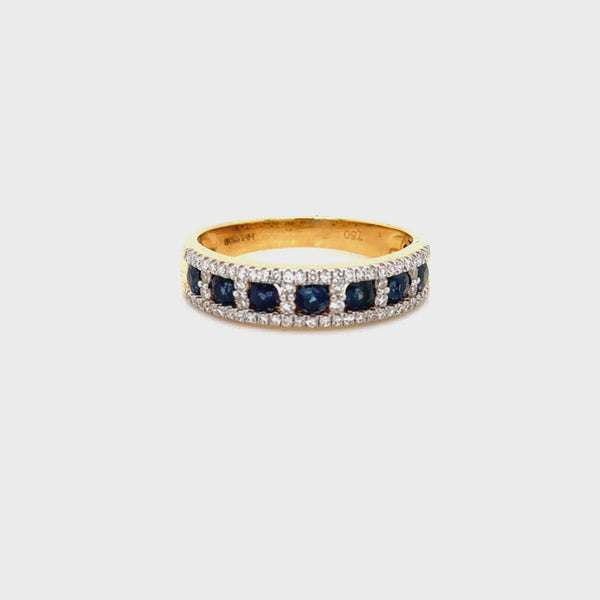 18ct Yellow Gold Sapphire Diamond 3 Row Ring