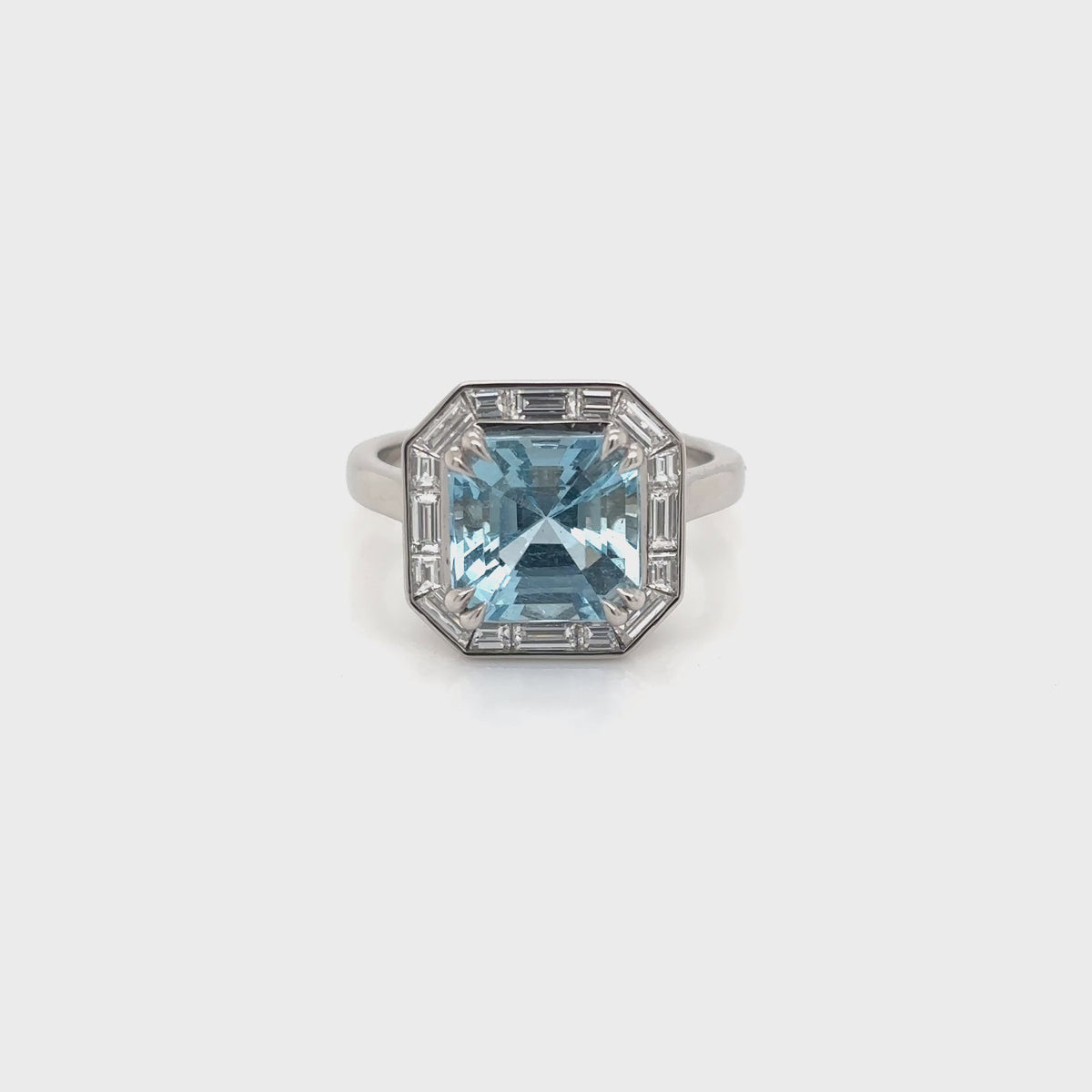 Platinum Octagonal Aquamarine and Baguette Diamond Cluster Ring