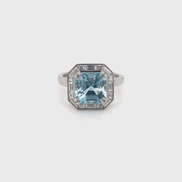 Platinum Octagonal Aquamarine and Baguette Diamond Cluster Ring